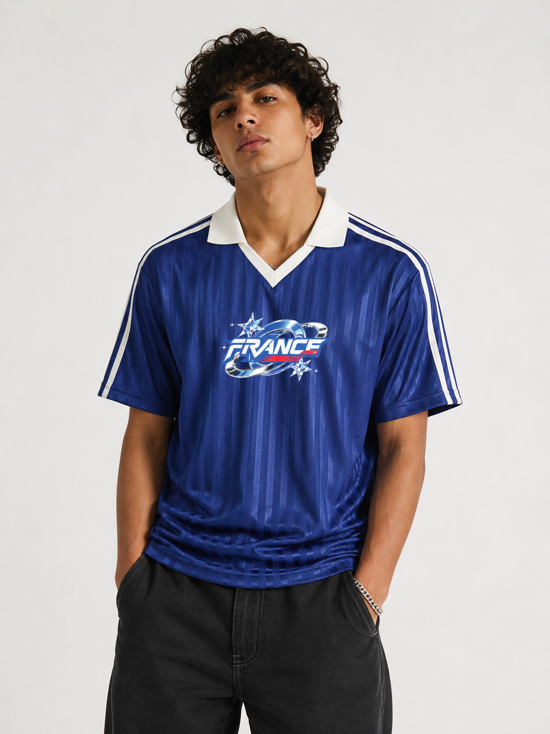 "FRANCE" Contrast Collar Striped Soccer Jersey
