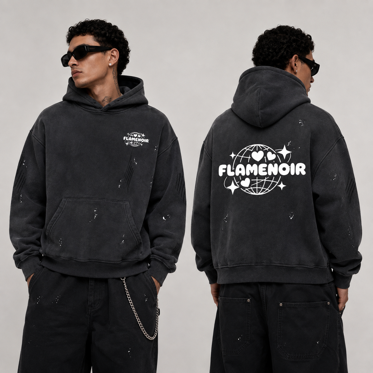 "FLAMENOIR" Vintage Washed Frayed Fleece Hoodie